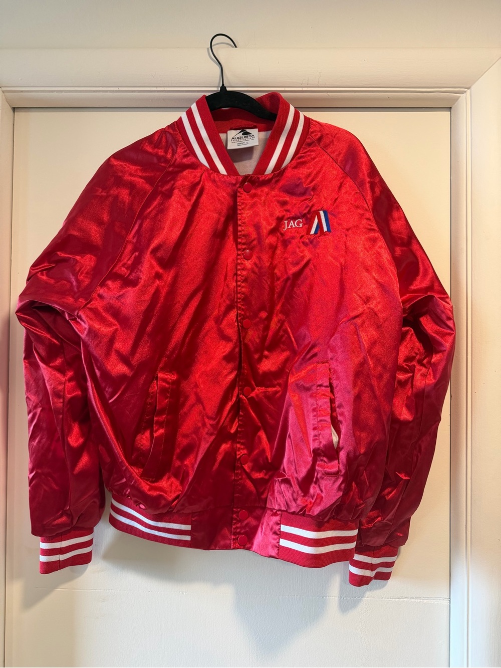 Vintage Augusta Red Satin Bomber Jacket with Striped Ribbing -Size L